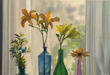 On View: Masters of Realism realism still life - Scott Prior, "Flowers in Bottles," oil on canvas, 24 x 24", 61 x 61 cm