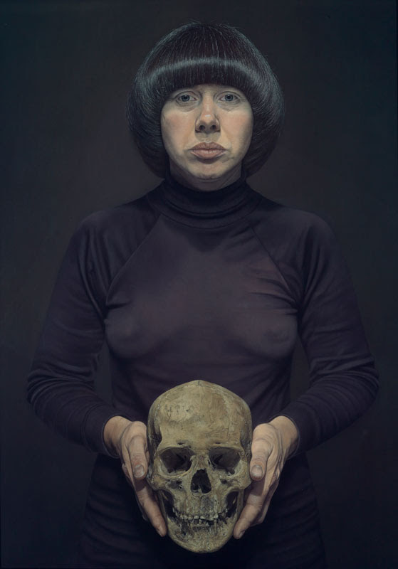 realism self portrait painting - Jane Lund, "Self Portrait with Skull," pastel, 32 x 23 1/2", 81.3 x 59.7 cm