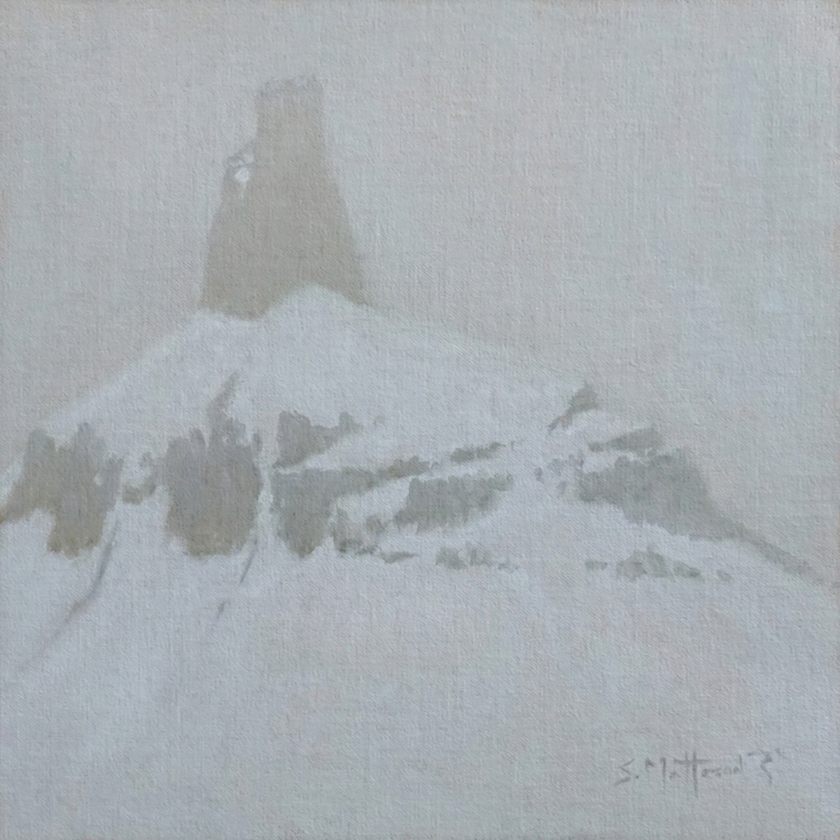 oil painting of mountain in a snow storm; dark areas of mountain not covered in snow