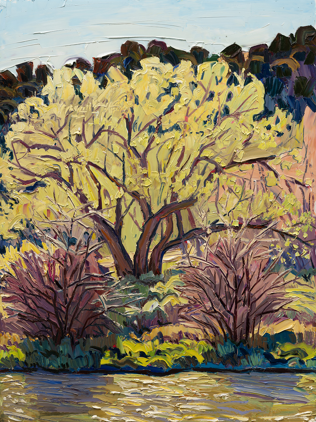 Jivan Lee, "Budding Out by the River," 2024, Oil on panel, 48 x 36 in.