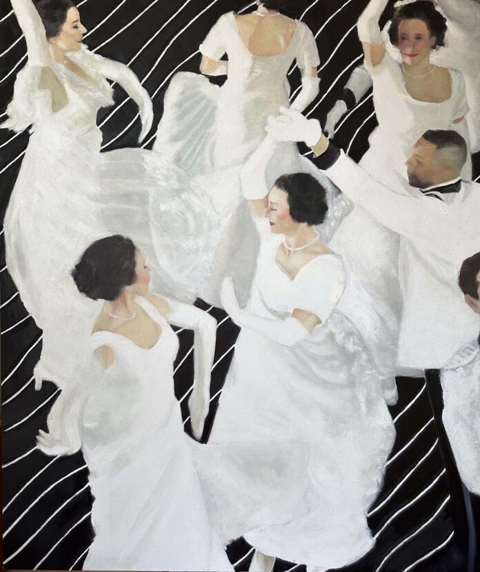 oil painting of women in white dancing, black with white stripe background