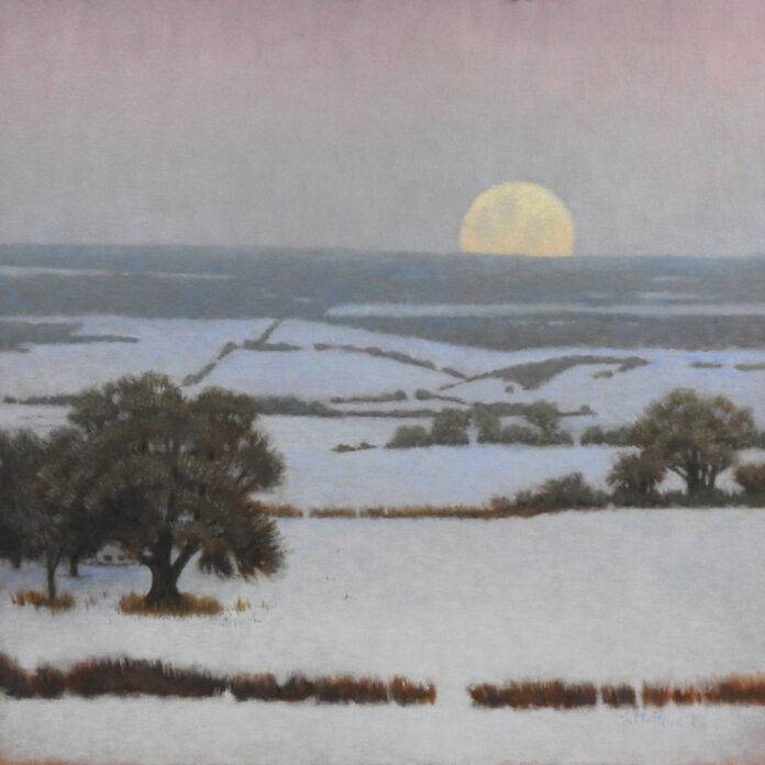 oil painting of moon setting in distance over hills