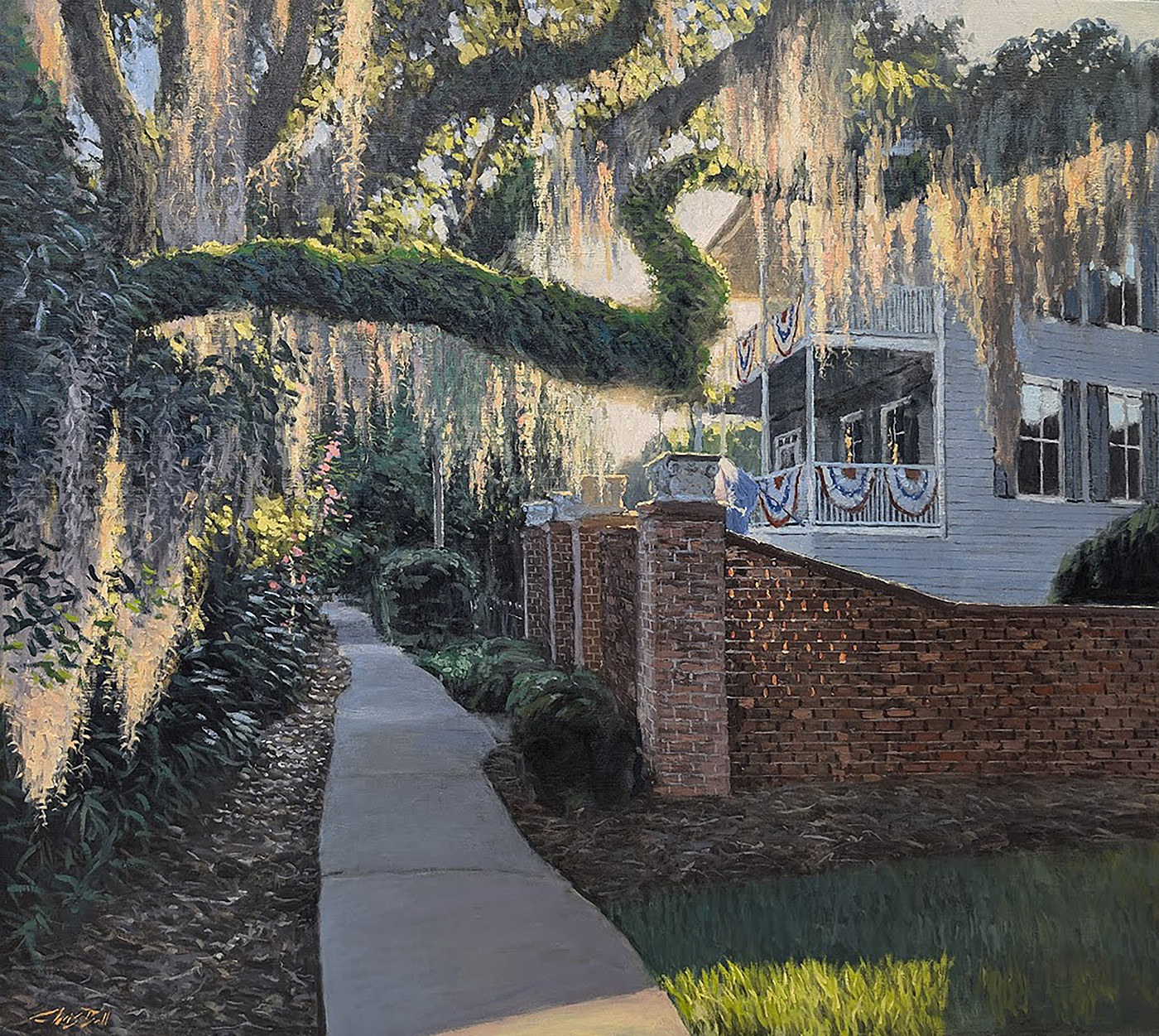 oil painting of house on right surrounded by trees and brick wall; pathway leading to background