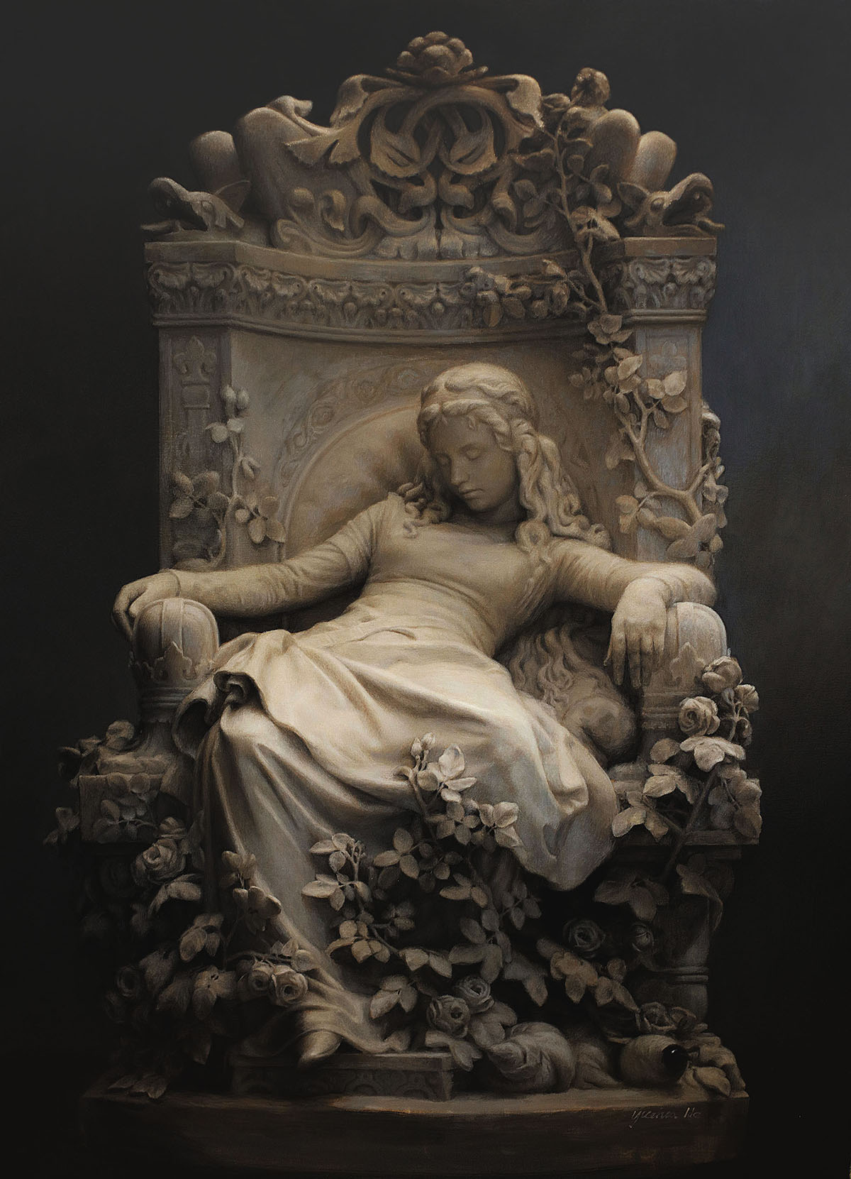 oil painting of a statue of a women sleeping in a decorated seat
