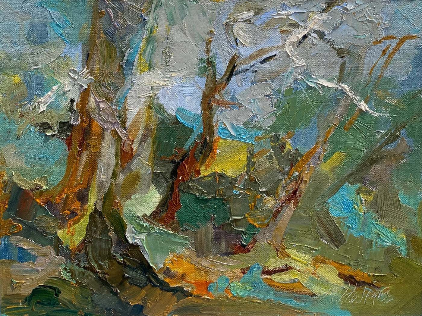 oil painting of impressions of trees in forest