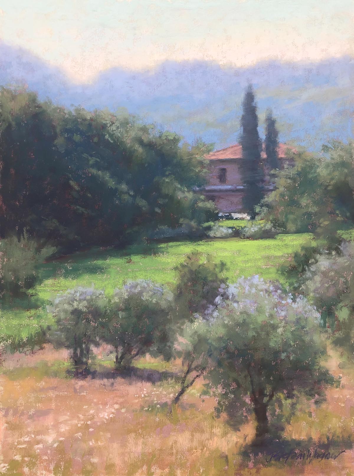 pastel painting of orchard with house in distance; surrounded by mountains and trees