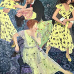 Featured Artwork: Lin Melissa Yang oil painting of people in yellow dresses with polka dots dancing and sitting