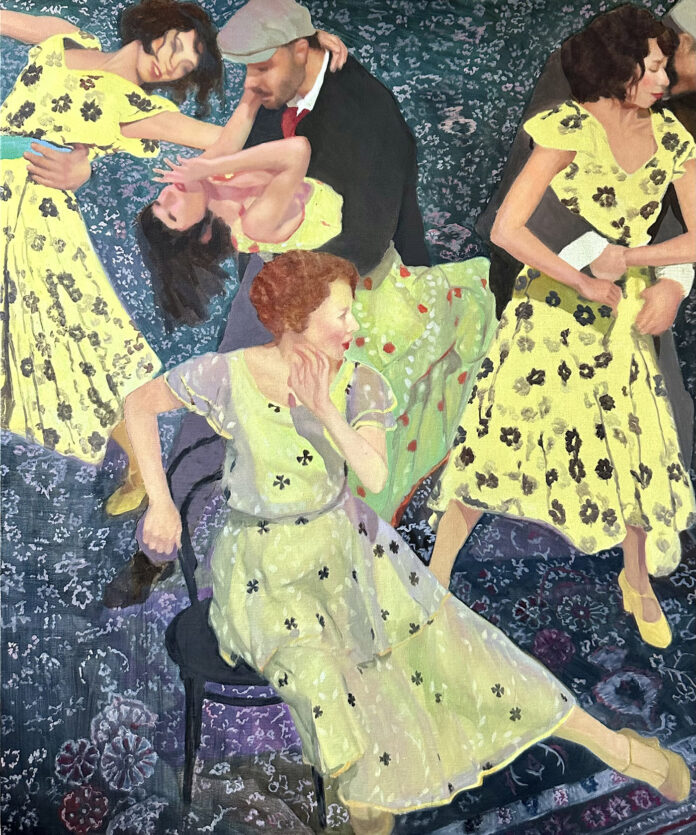 oil painting of people in yellow dresses with polka dots dancing and sitting