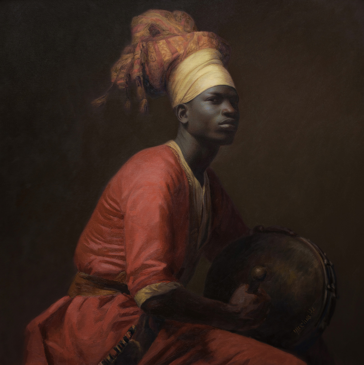 oil painting of African American in drummer wear, sitting, looking at viewer