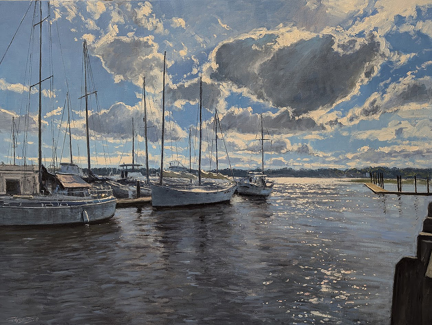 oil painting boats sitting in water, sunset in distance