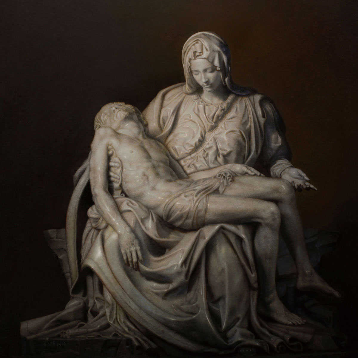 oil painting of Michelangelo's Pieta, black background