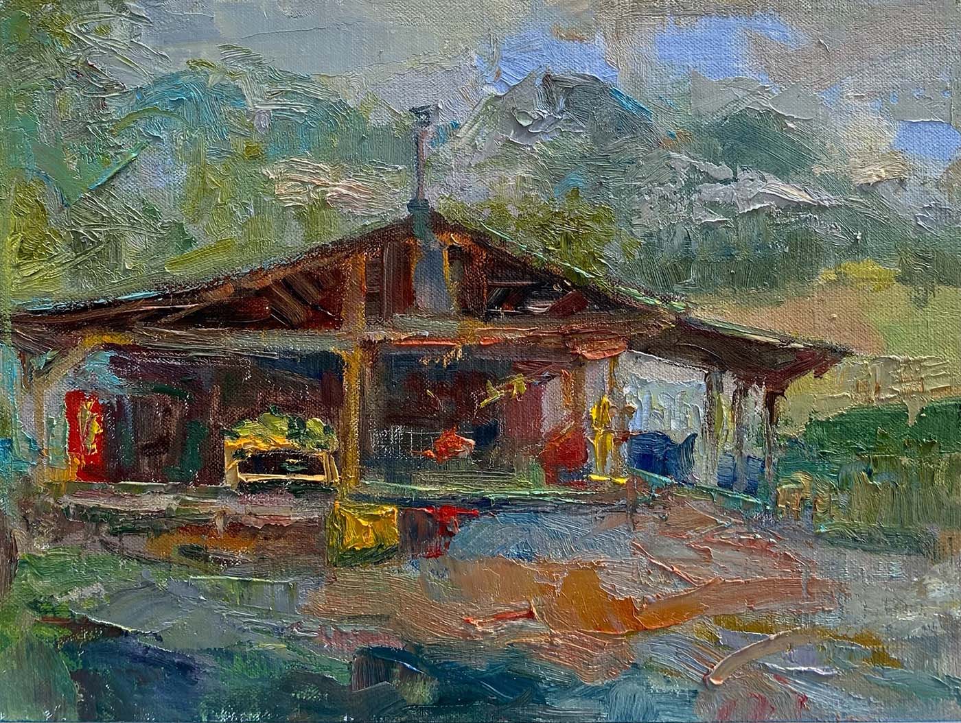 oil painting of wooden farm stand with produce and dirt road in front