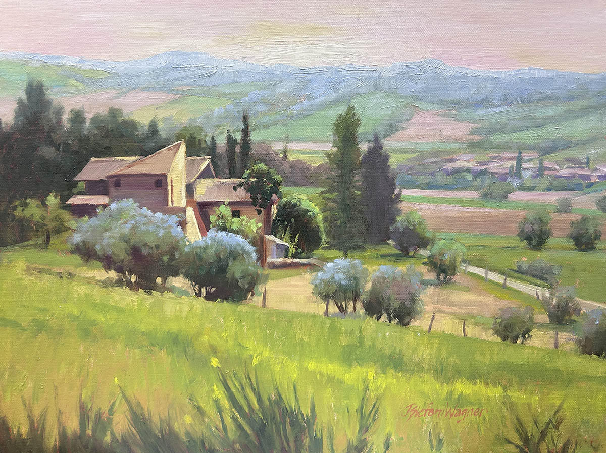 oil painting of house in background, with trees and grasslands in foreground; mountains in distance