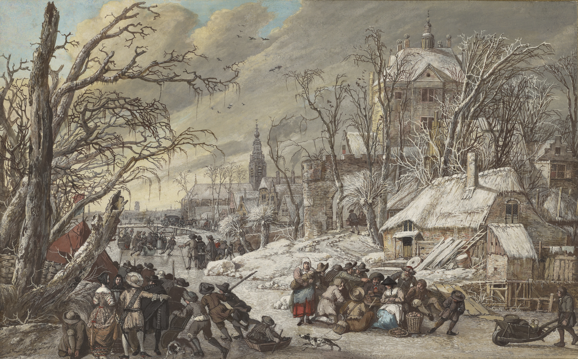 Gerrit Battem (Dutch, about 1636–1684), "Figures on a Frozen Canal"