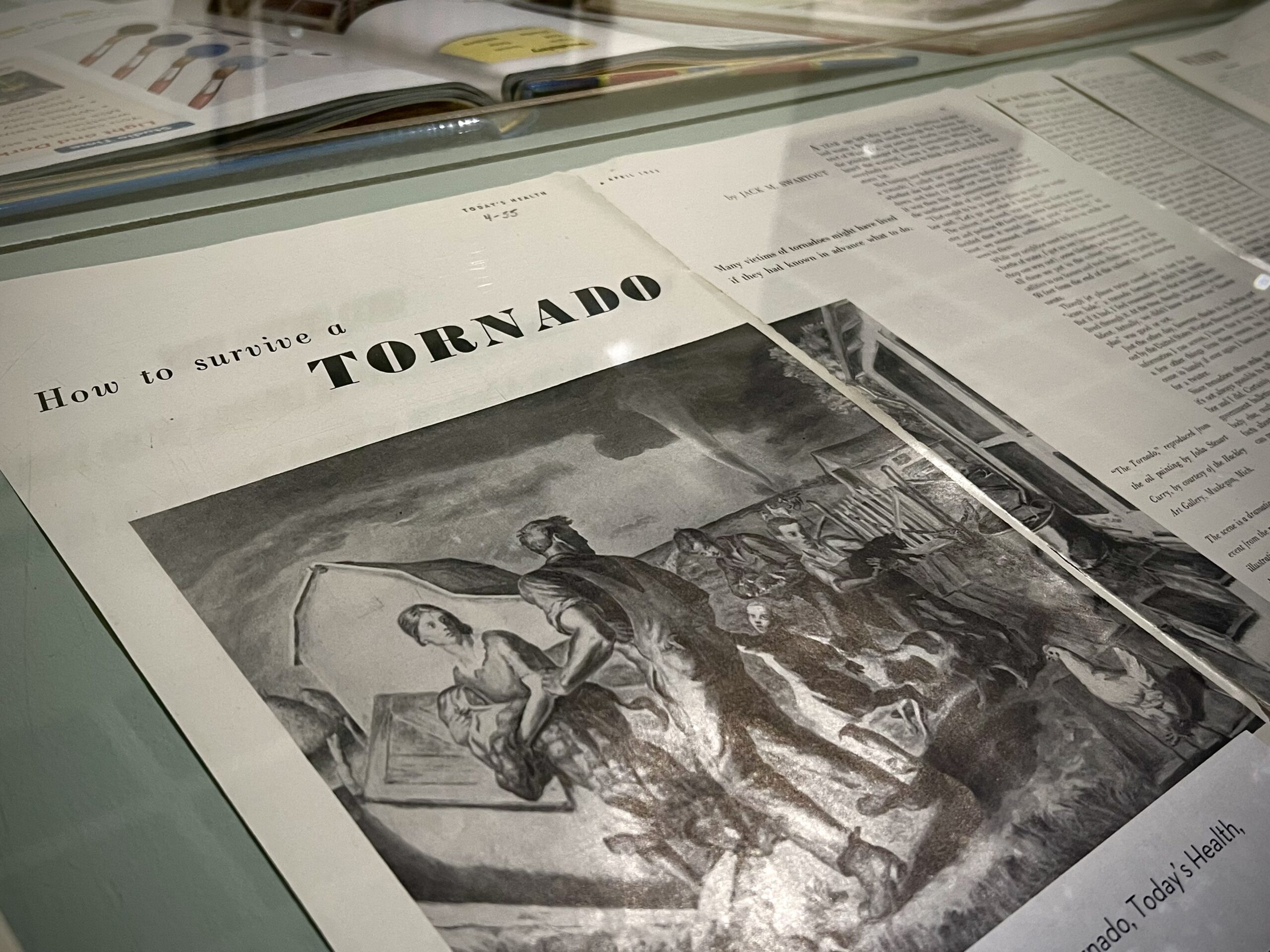 "How to Survive a Tornado" article in the April 1955 issue of Today's Health featuring John Steuart Curry's "The Tornado (Tornado Over Kansas)" painting.