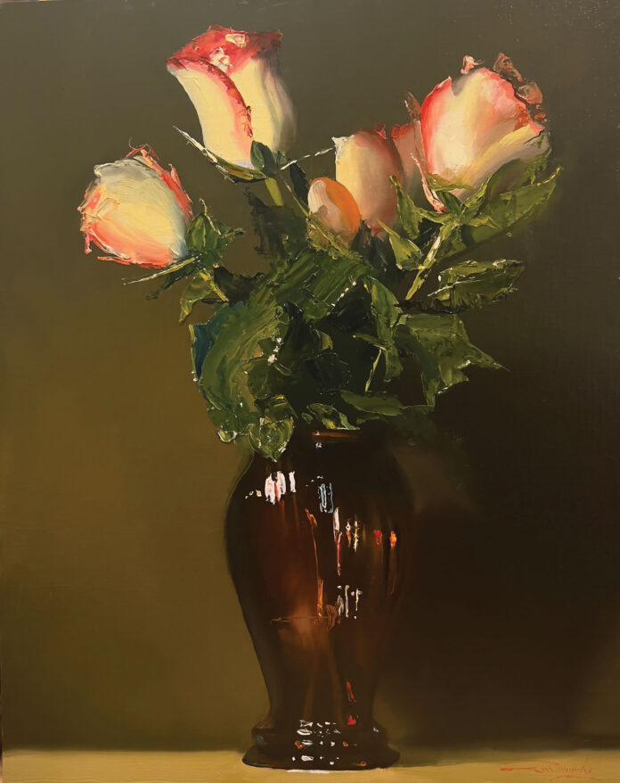 Charles Warren Mundy (b. 1945), "Rose Floral in Pink Vase," 2023, oil on linen, 20 x 16 in.