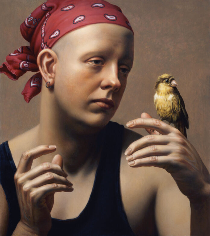 WILL WILSON (b. 1957), Canary Watching, 1994, oil on panel, 14 1/2 x 13 in.