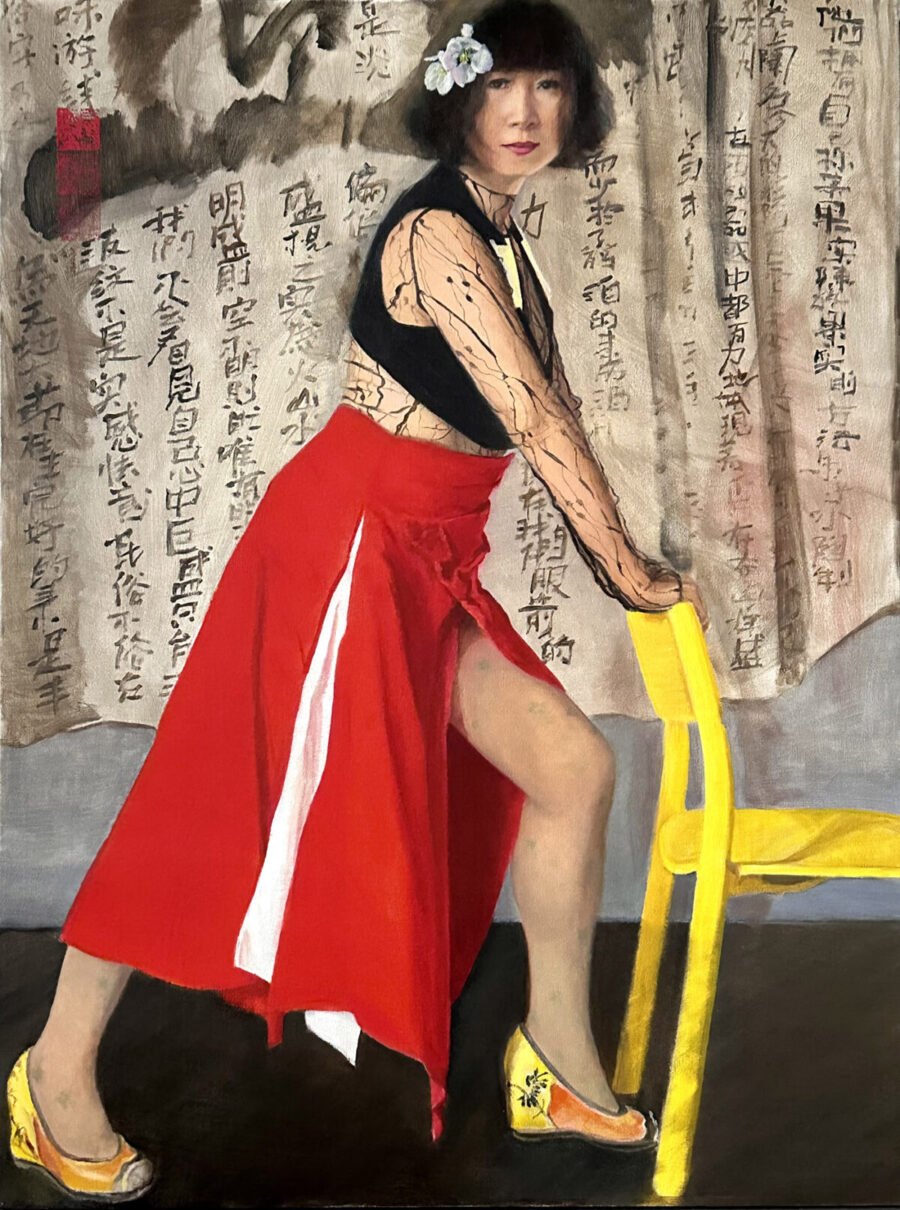 oil painting of woman wearing red skirt, pushing against yellow chair