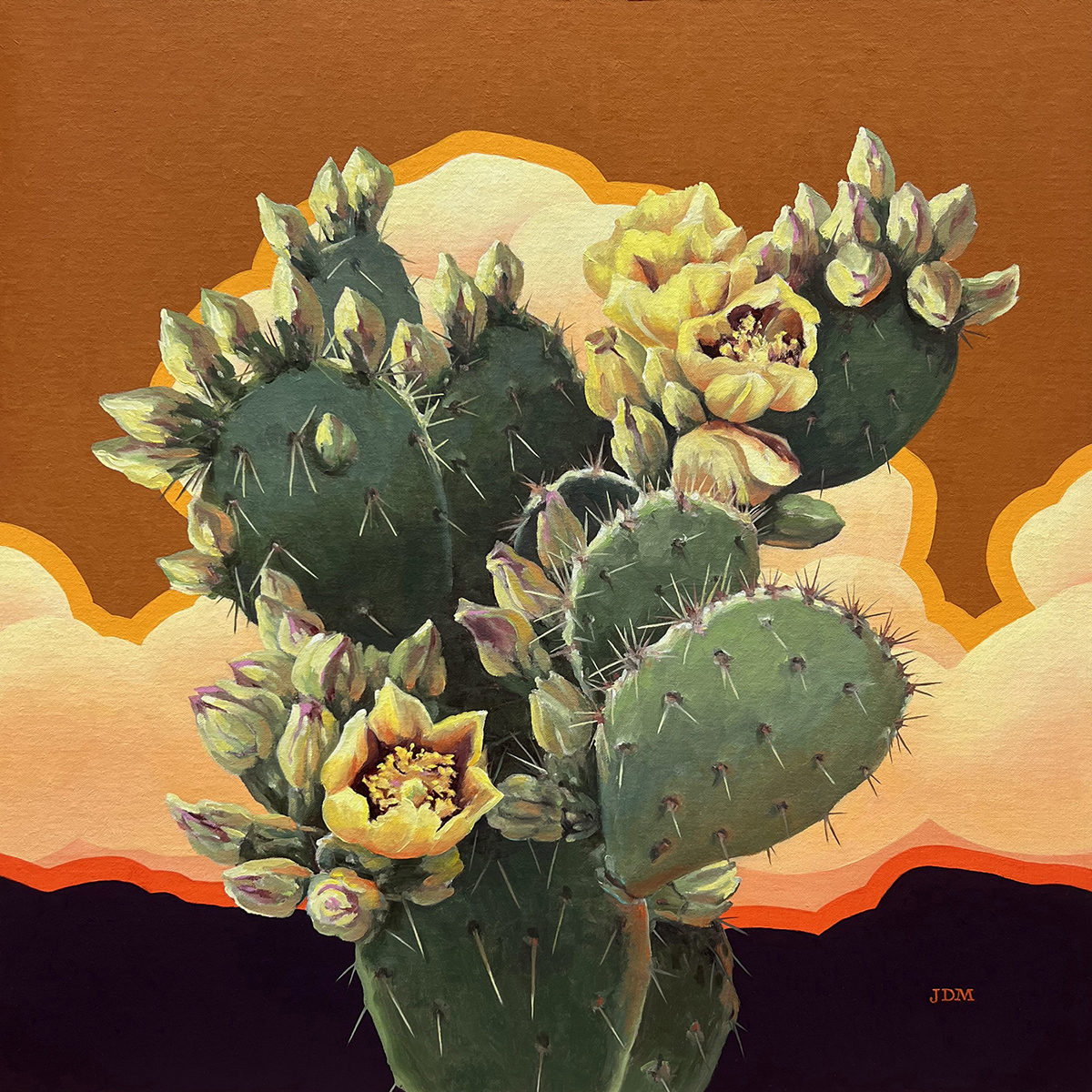 oil painting of cacti with sunset behind