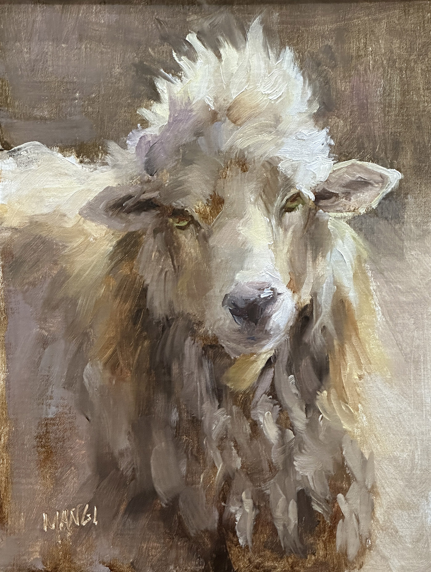 oil painting of a closeup 2/3 of a goat looking at viewer