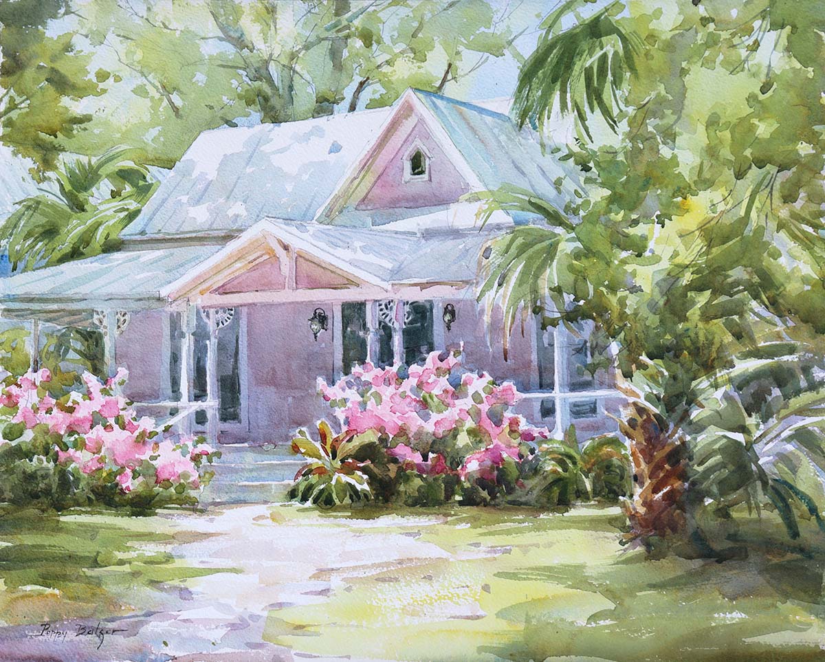 watercolor painting of pink cottage house surrounded by trees and bushes, pathway leading up to house