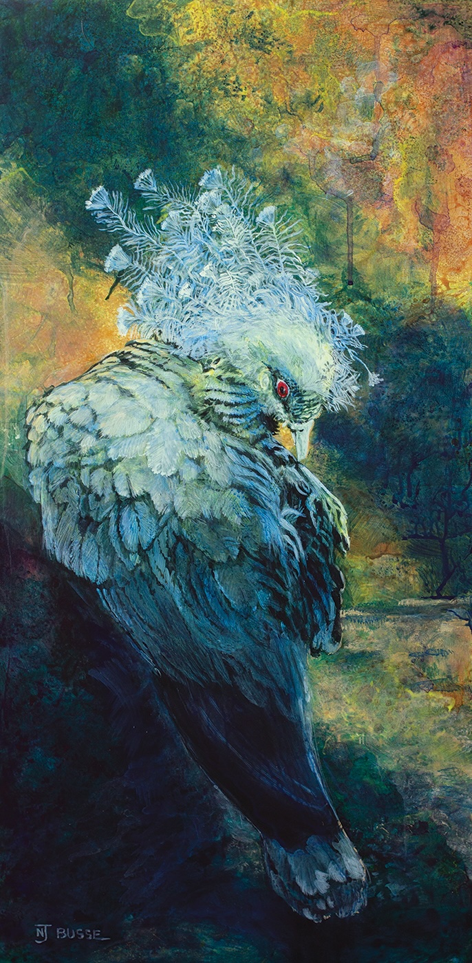 acrylic painting of pigeon with dramatic pose of looking at viewer, exposing it's back with tones and hues of cool colors; abstract background