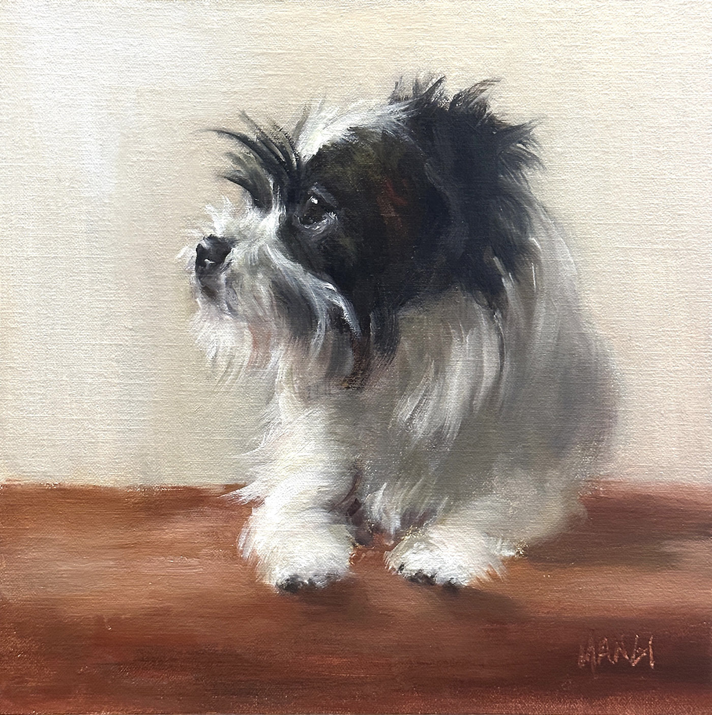 oil painting of a torso shot of a small dog looking away from viewer