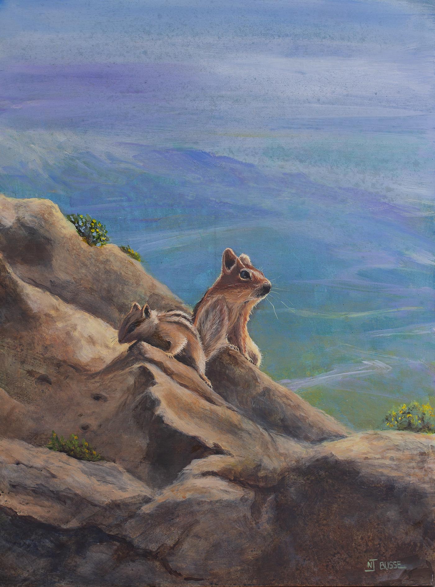 acrylic painting of 2 chipmunks on mountain rock hill; mountains in distance