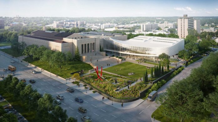 Southeast aerial view of the Joslyn Art Museum, rendering courtesy Moare.