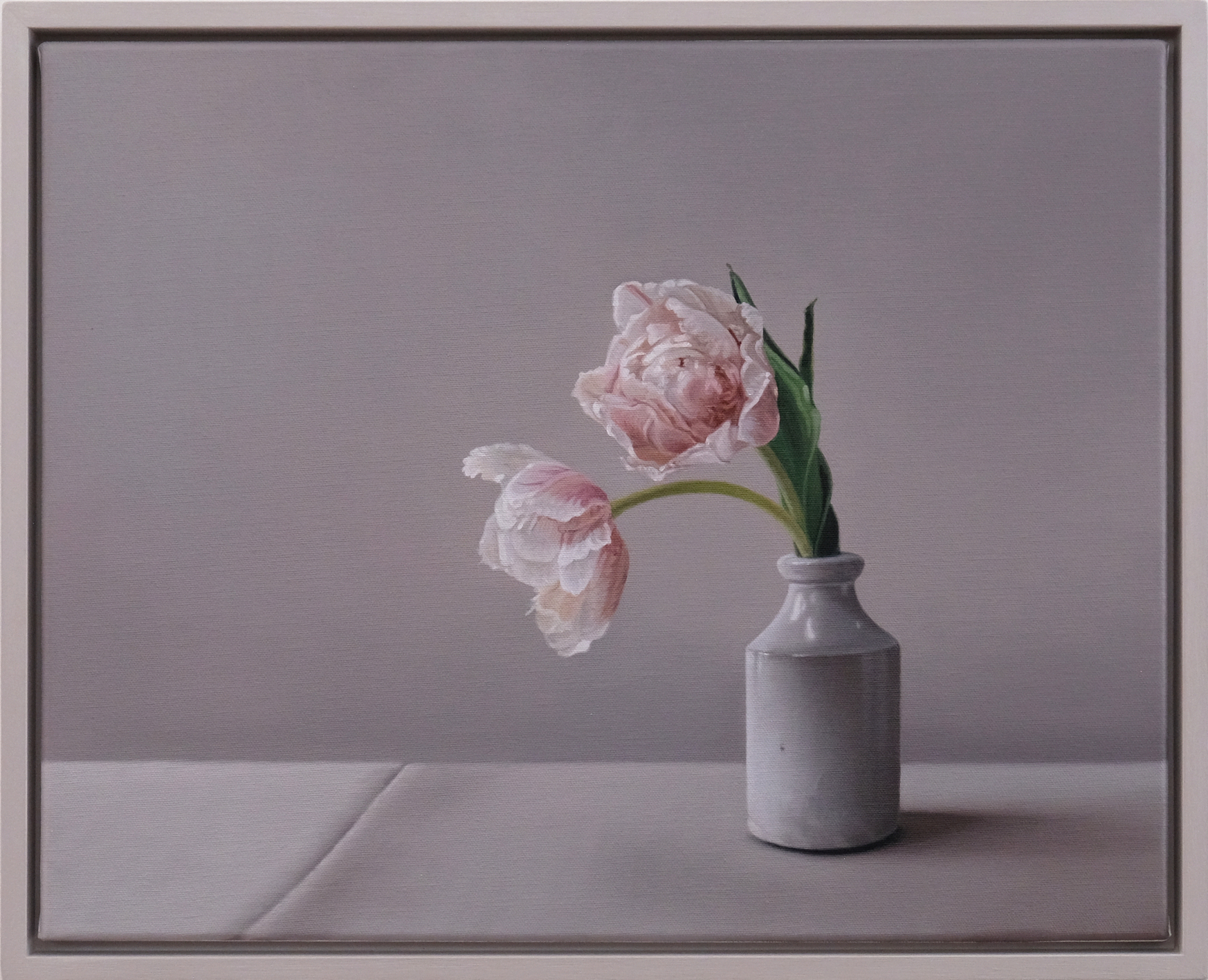 Jo Barrett, "Tulips and Stoneware Bottle," unframed 16 x 20 in., framed 17 x 21 in.