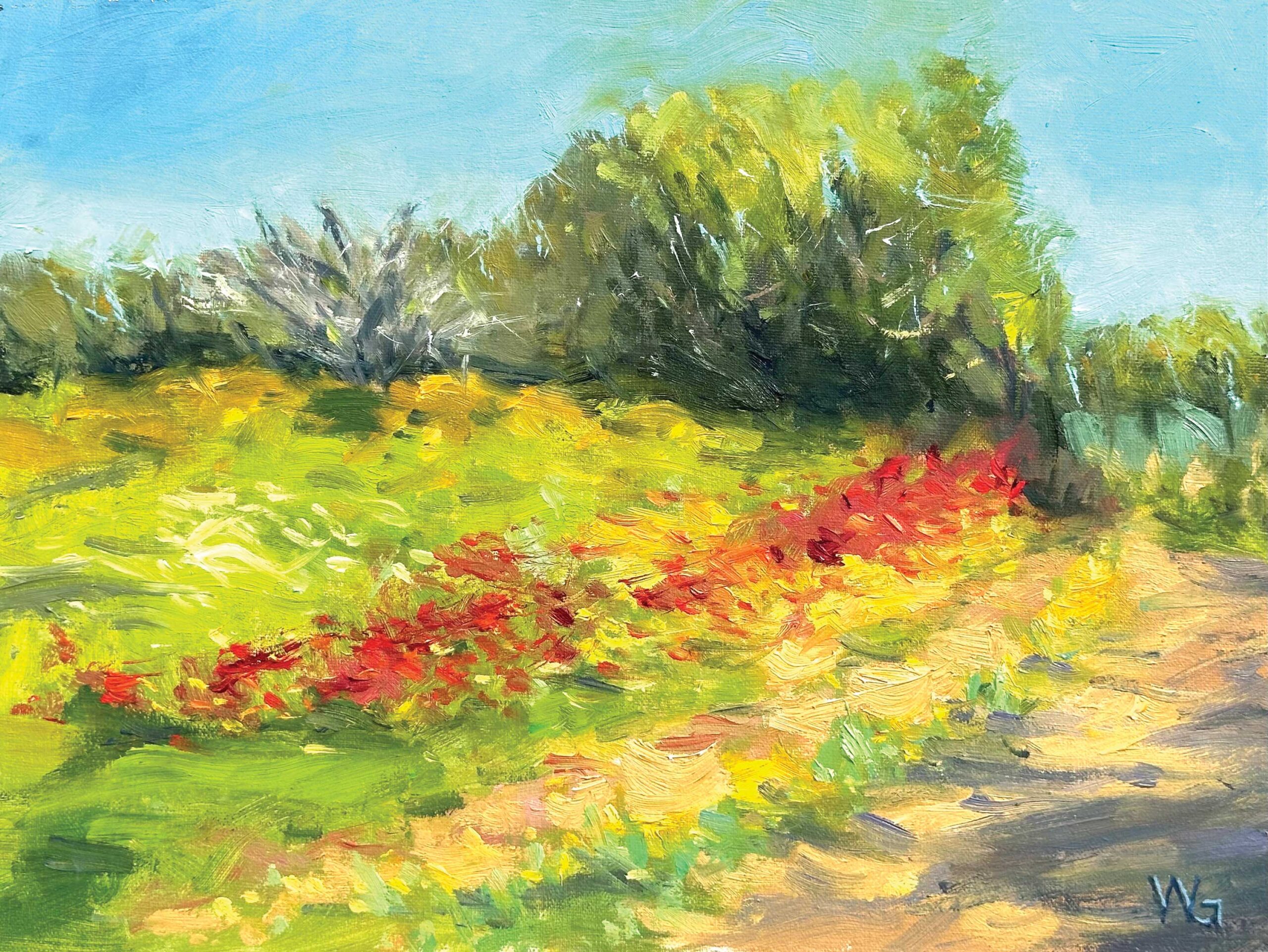 Will Gullette (b. 1945), "Desert Hillside in Bloom," 2024, oil on canvas, 9 x 12 in.