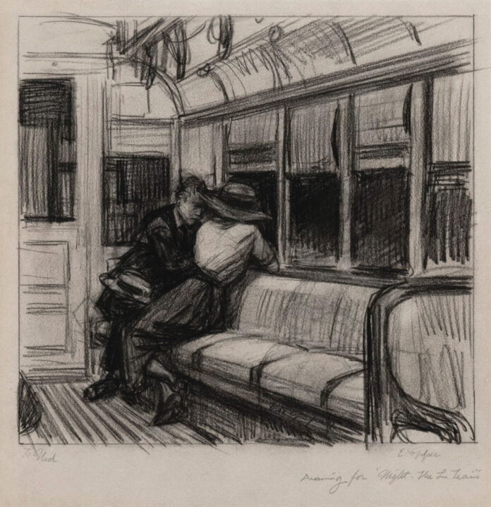 Edward Hopper (1882–1967), "Night on the El Train," 1918, charcoal on paper, 7 1/4 x 8 in., collection of Mr. & Mrs. Leonard L. Milberg © 2024 Heirs of Josephine N. Hopper / Licensed by Artists Rights Society (ARS), NY