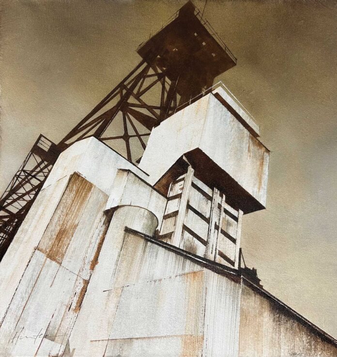 Charlie Hunter (b. 1960), "Headframe," 2024, oil on canvas, 20 x 20 in.