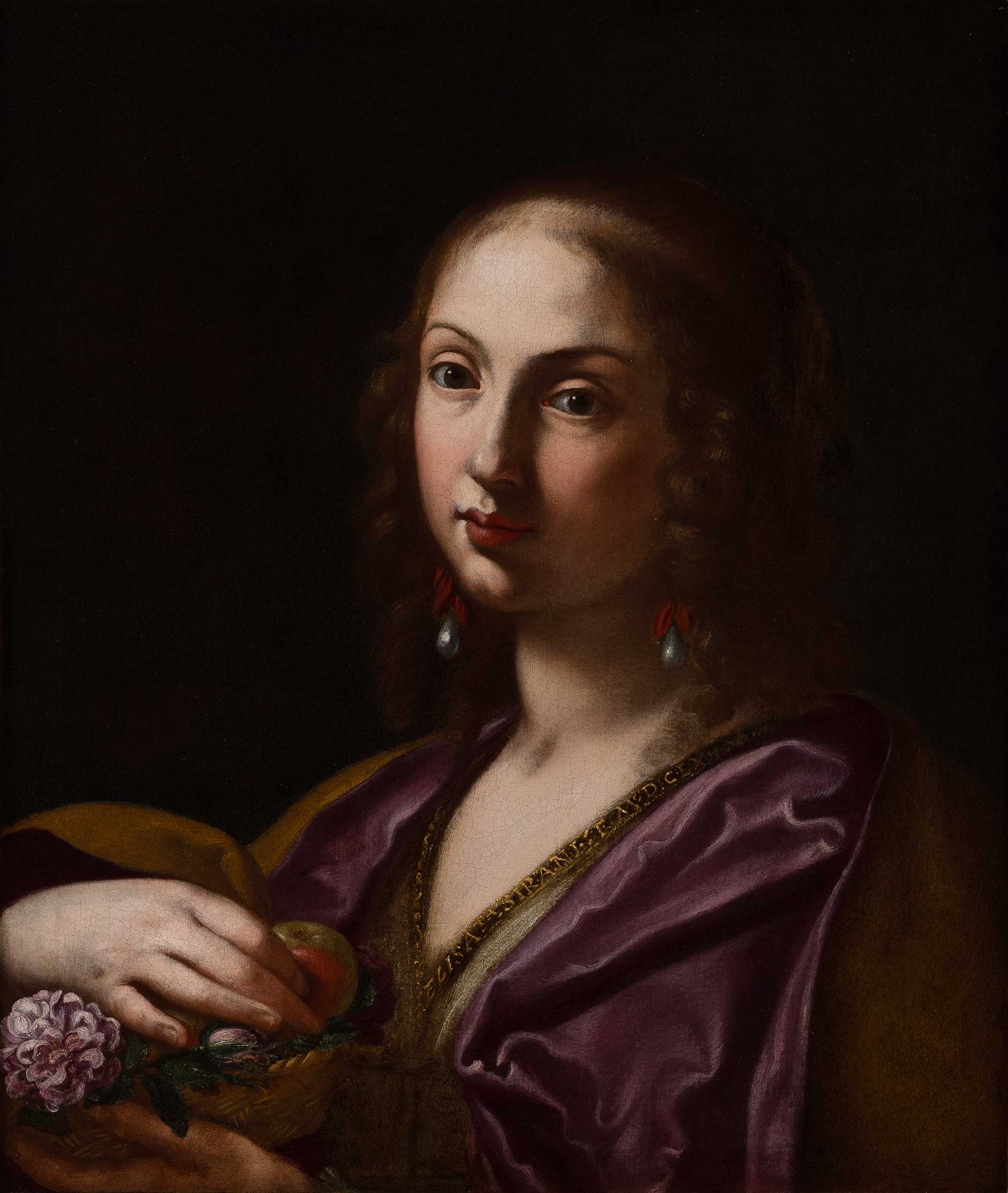 Elisabetta Sirani (Italian, Bolognese, 1638–1665), "Portrait of Signora Ortensia Leoni Cordini as Saint Dorothy," 1661, oil on canvas, 23 1/4 × 19 5/8 in. (59.1 × 49.8 cm), Joslyn Art Museum, Omaha, Nebraska, Museum 