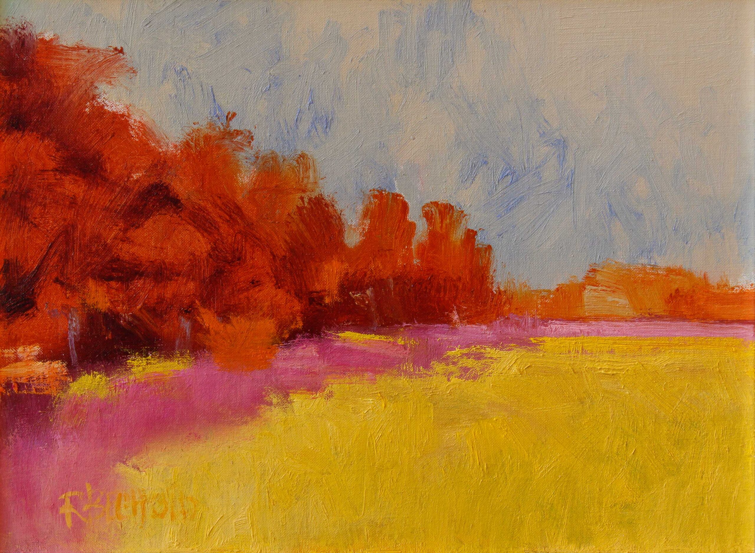 Rodger Bechtold, "Tree Lines in Fall Colors," Oil on Panel, 12 x 16 in.