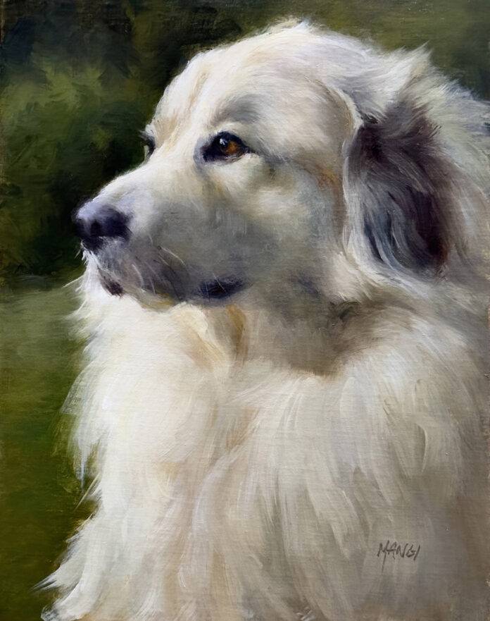 oil painting of headshot of a white dog looking away from viewer