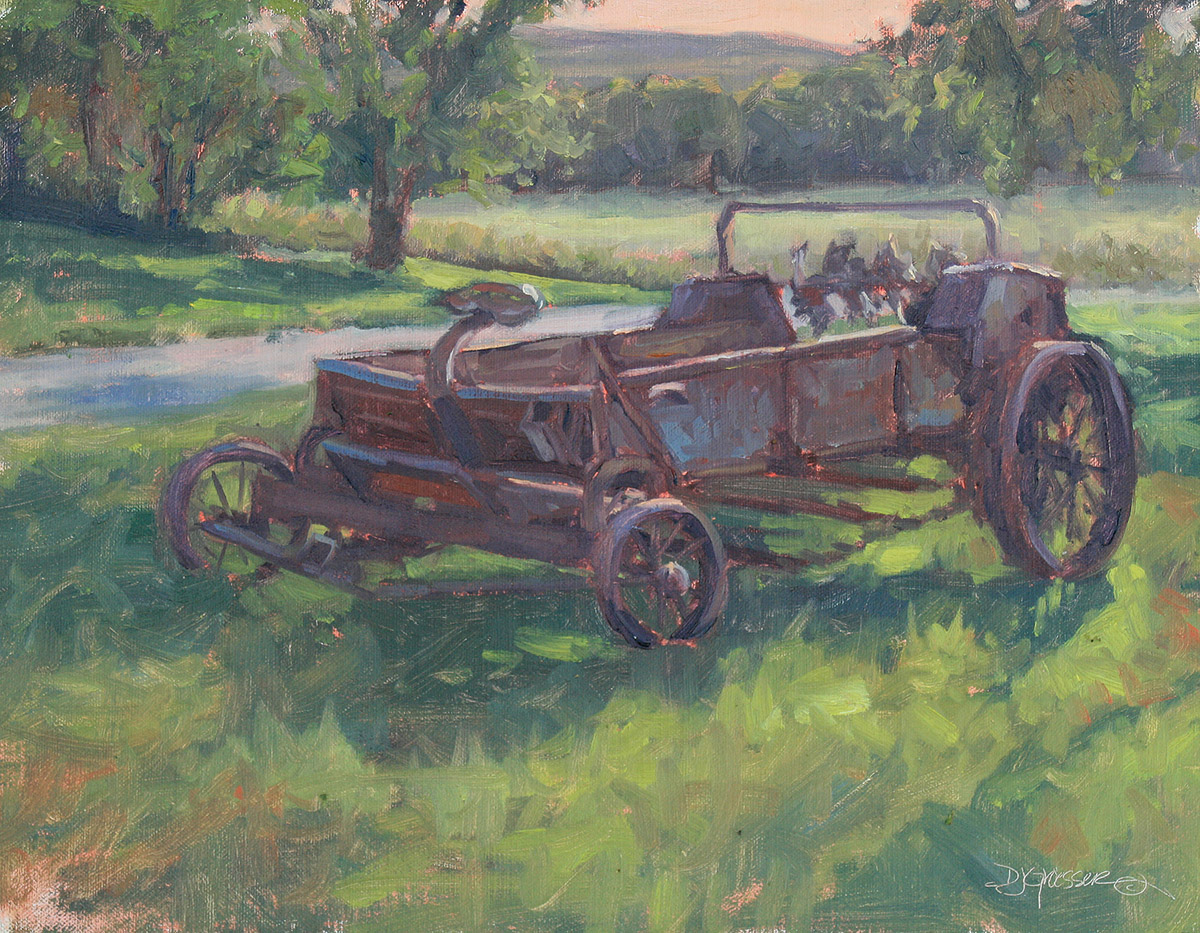 oil painting of old tracker on lawn