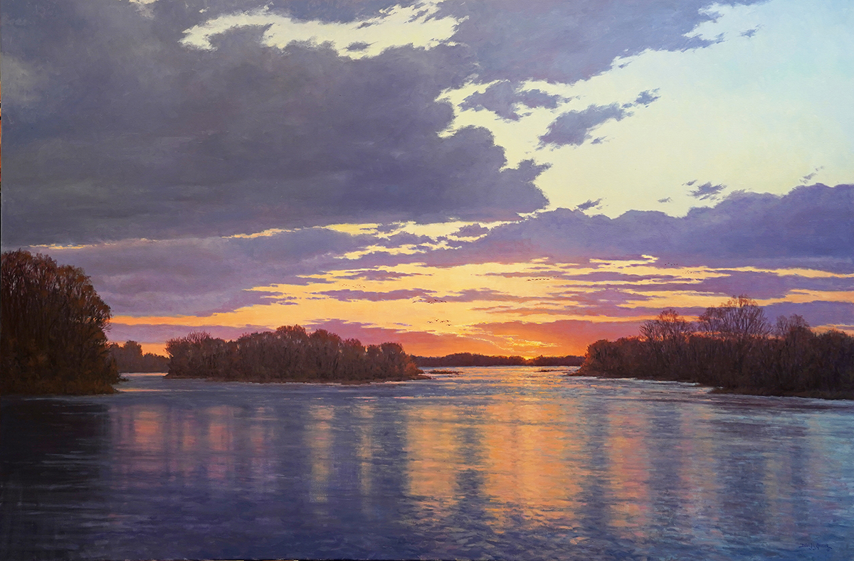 oil painting of sunset reflecting off water