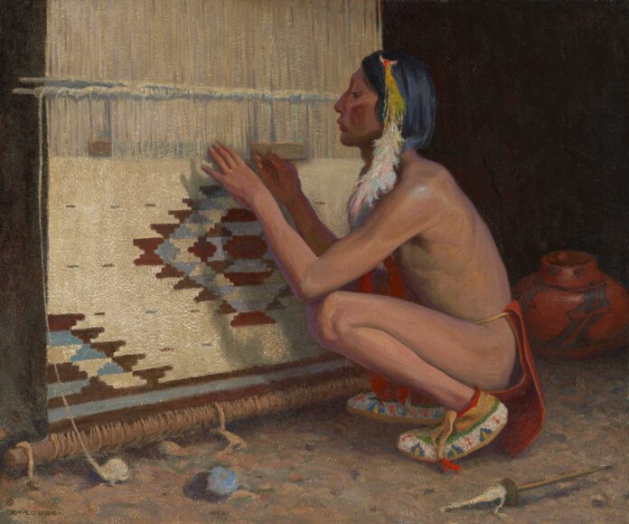 E.I. Couse, “A Pueblo Indian Weaver,” 1911, Oil on canvas, 30 x 36 in. Briscoe Western Art Museum Permanent Collection. Gift of the Jack and Valerie Guenther Foundation.