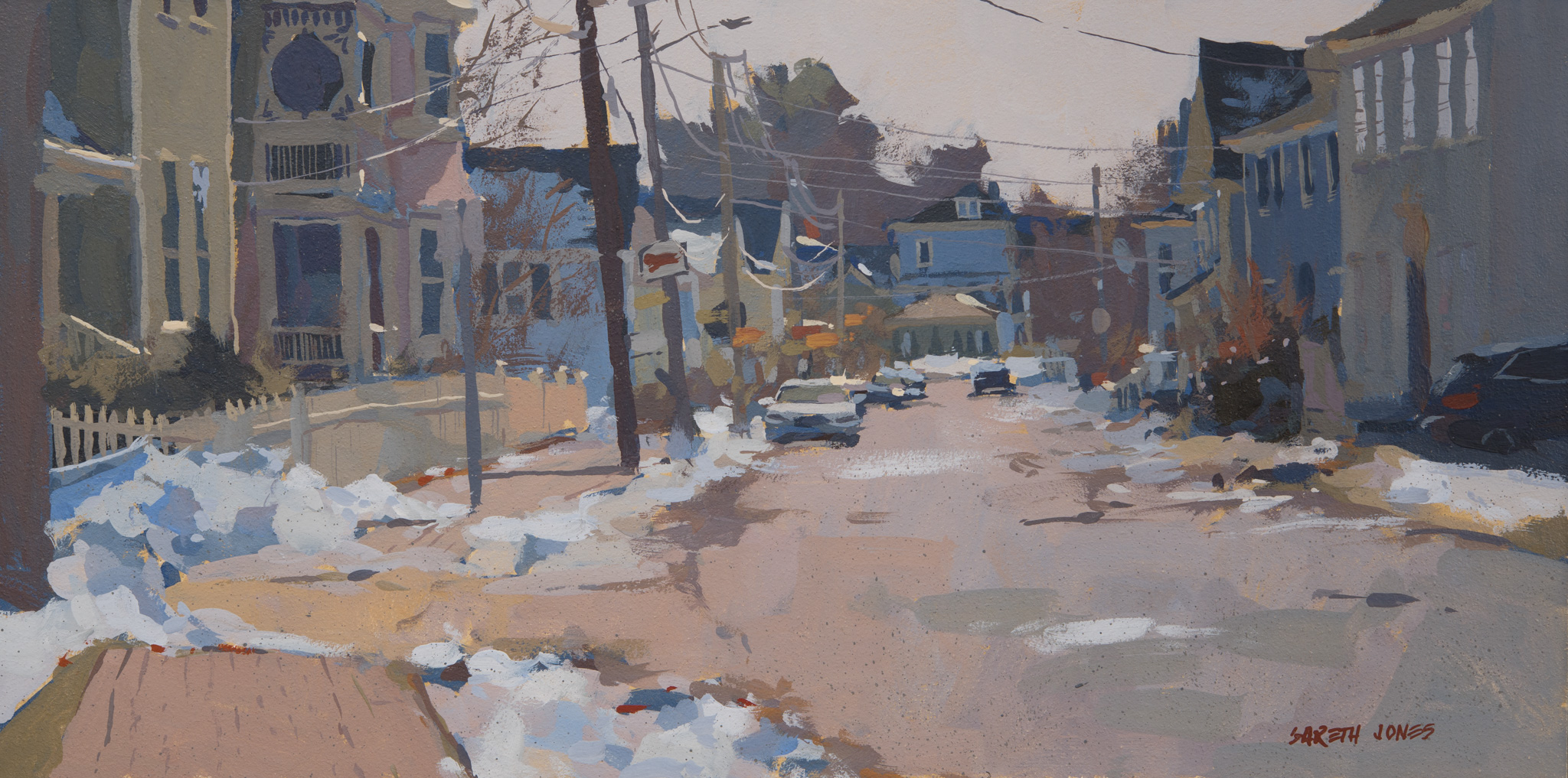 Gareth Jones (b. 1979), “Marcy St. South, Portsmouth,” 2023, Casein on Aquabord, 6 x 12 in.