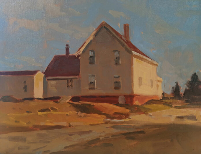 oil painting of sunset light hitting on house, sitting on field.