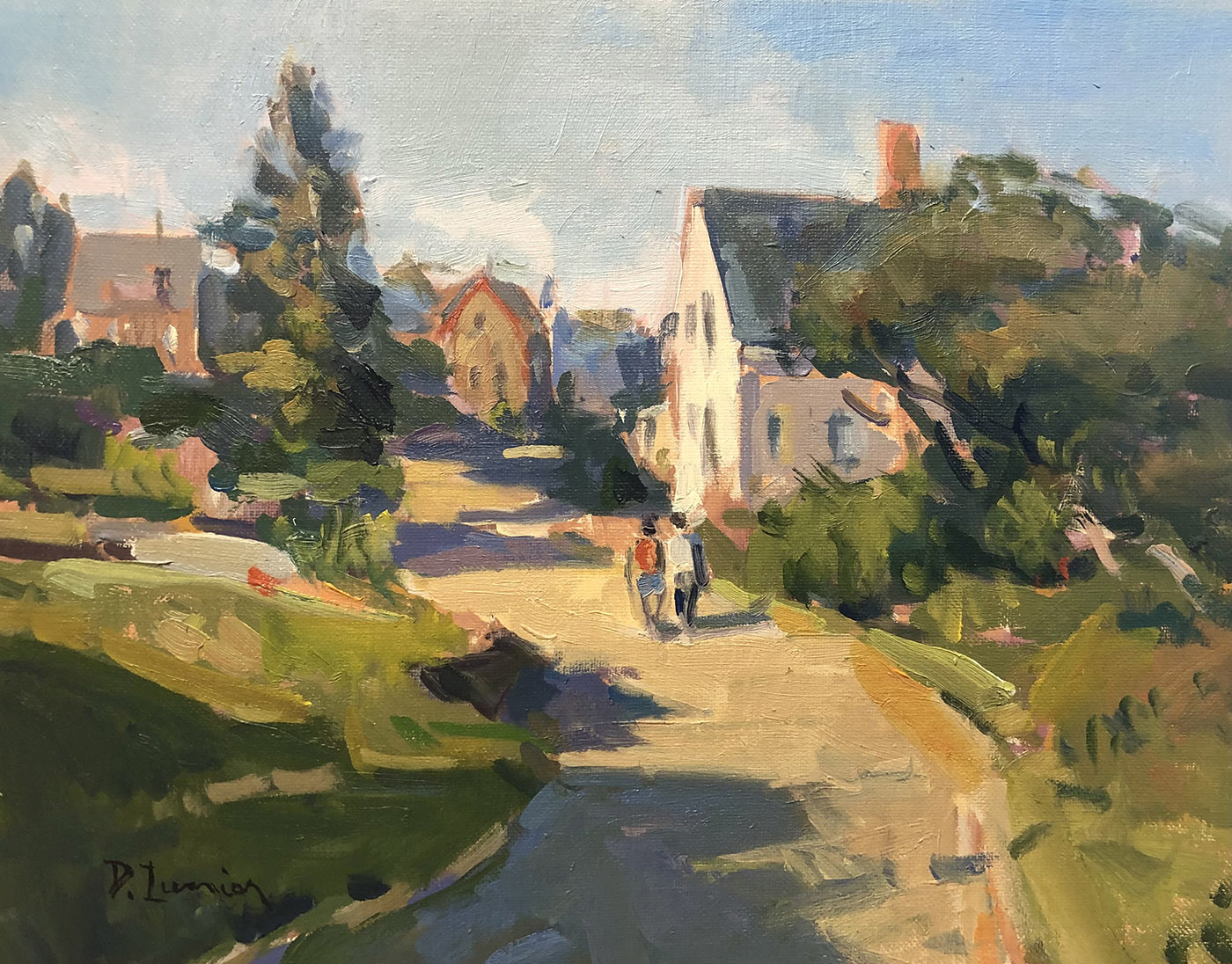 oil painting of sun hitting houses along pathway