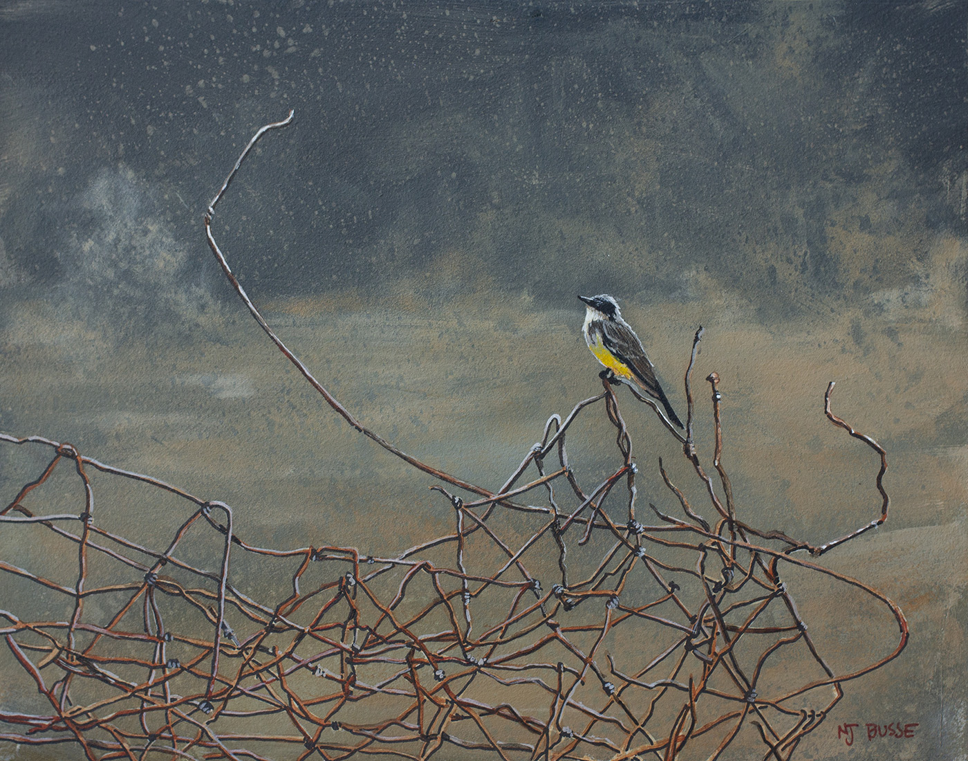 acrylic painting of bird sitting on wire; dark background sky