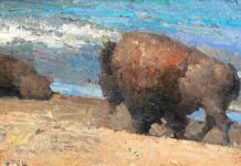 Jove Wang: Spirit of the American West Jove Wang, "Catalina Bison," oil on linen, 13 x 26 in.