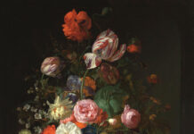 Rachel Ruysch — Nature into Art Rachel Ruysch, "Still Life of Roses, Tulips, and Sunflower," 1710, oil on canvas, 35 x 28 in., on loan to the National Gallery (London) from the collection of Janice and Brian Capstick