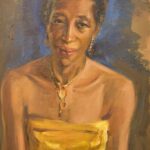 Masters in the Mountains American art - Stella Sassoon, “Gold Dress,” (c. 1942), Oil on Canvas, 24” X 18”, Courtesy of Tryon Fine Arts Center @tryonfineartscenter