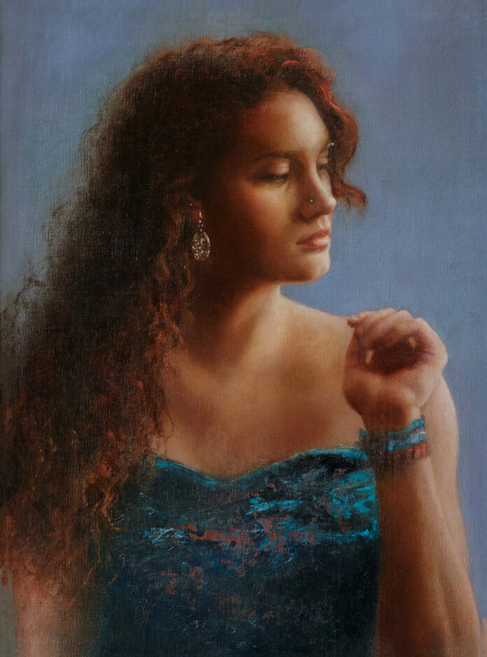 oil painting of woman portrait looking away from viewer; 3/4 profile