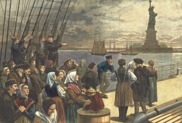 "New York—Welcome to the Land of Freedom…" Anonymous, Published July 2, 1887 South Street Seaport Museum, gift of Fritz Gold, 1994.017.005 Ellis Island art - "New York—Welcome to the Land of Freedom…" Anonymous, Published July 2, 1887 South Street Seaport Museum, gift of Fritz Gold, 1994.017.005