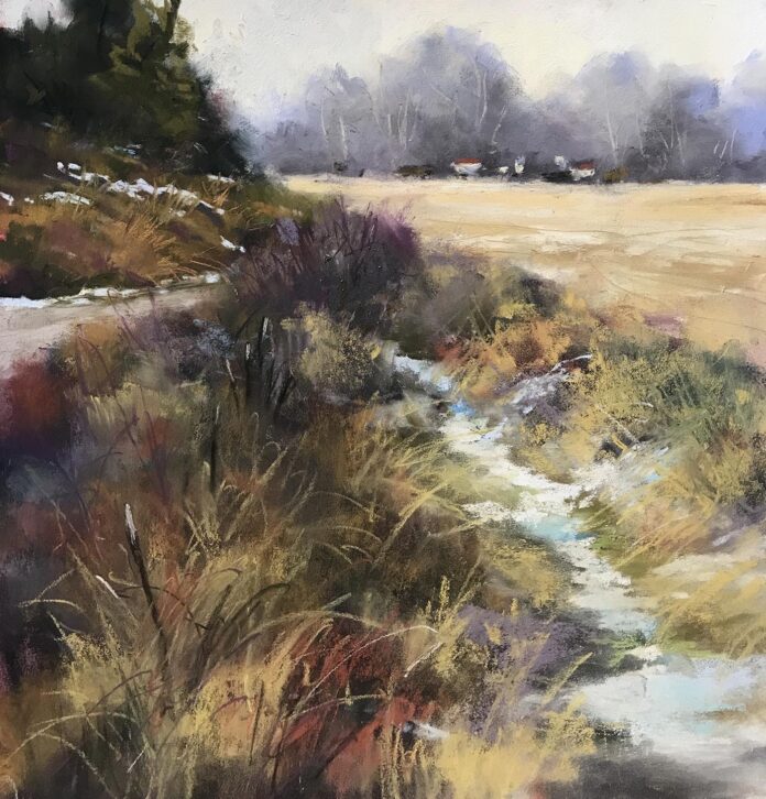 pastel painting of small snow path leading to woods, field on right side