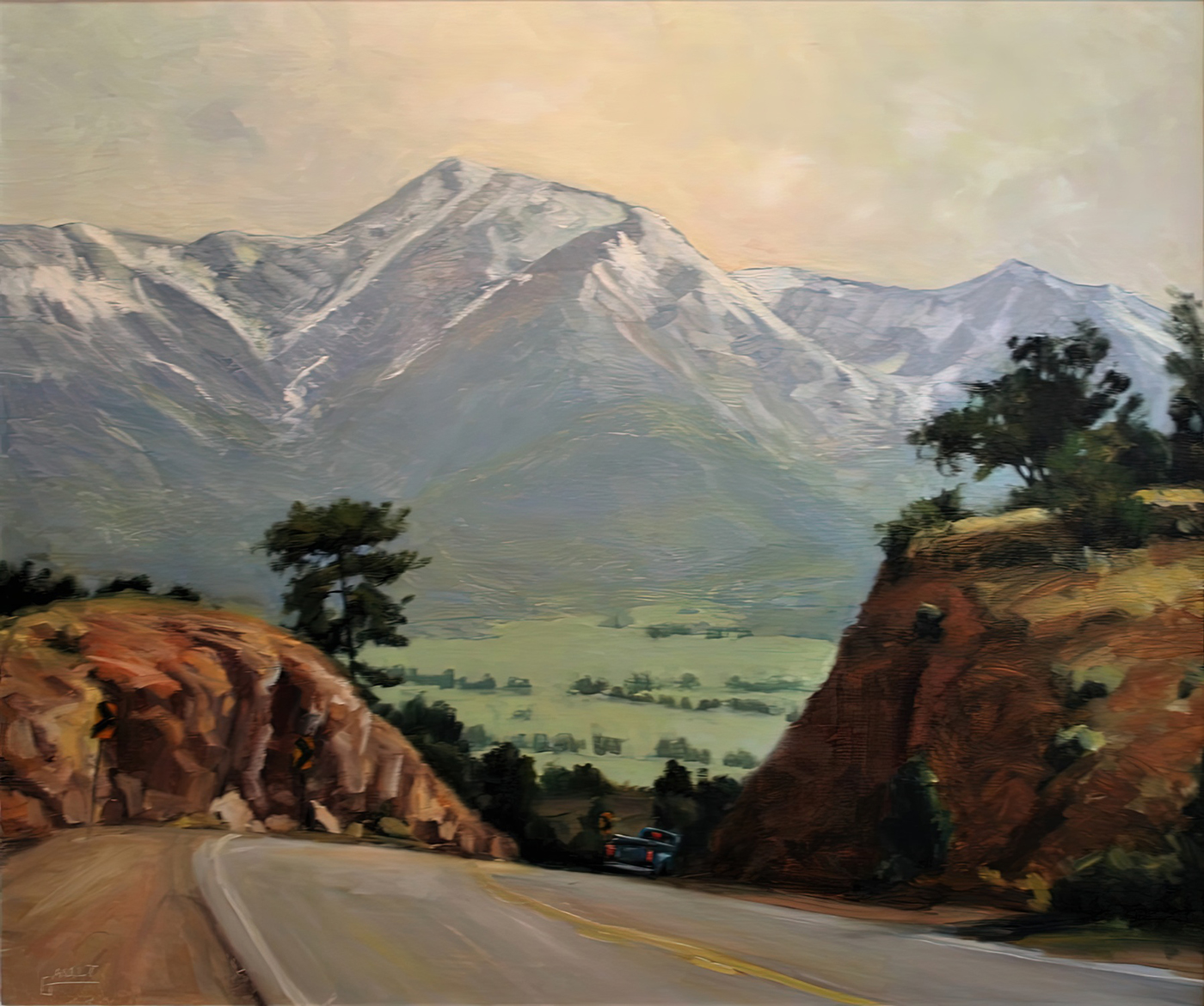 oil painting of mountain range in background, roadway in foreground, surrounded by rock cliffs